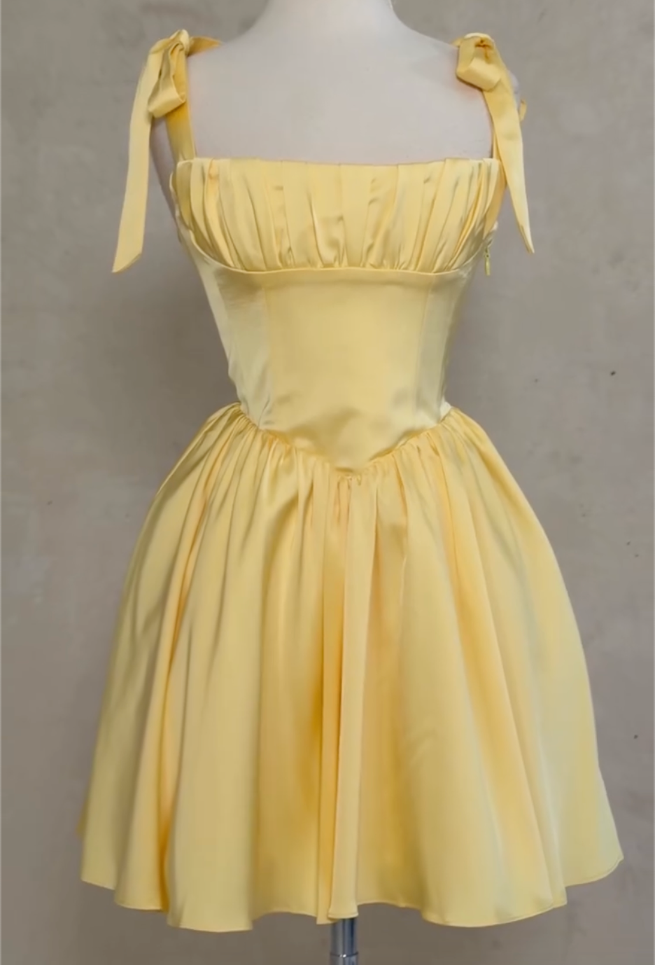 Tie Strap Square Neck Satin Corset Mini Flare Dress, Pale Yellow Ruched Bust A-line Party Evening Gown