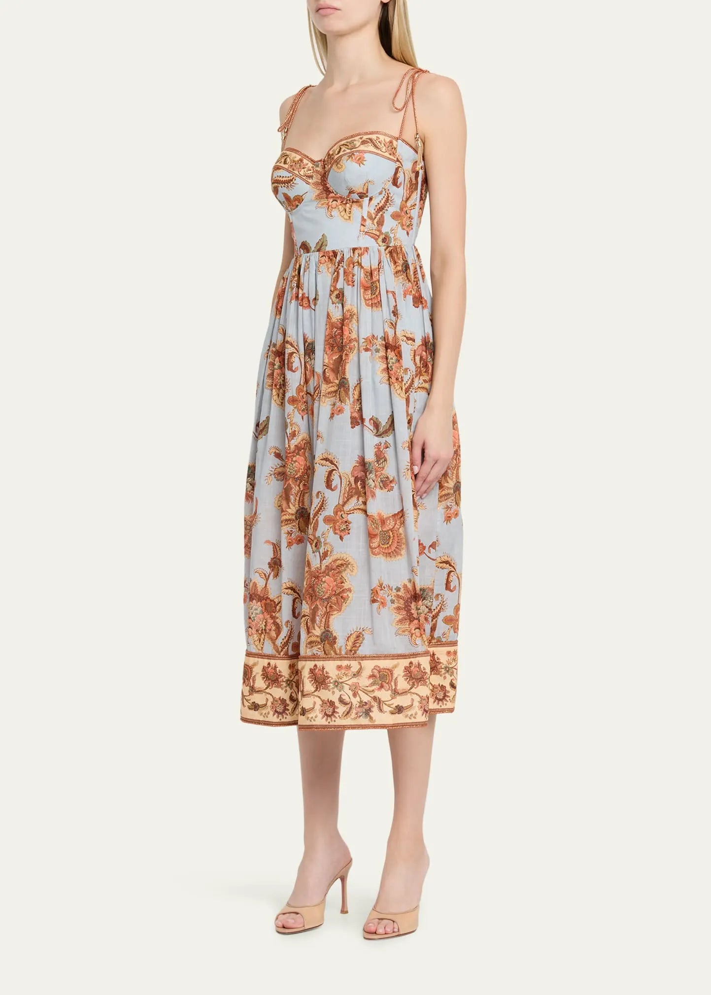Vintage Floral Spaghetti Strap Bustier Midi Dress