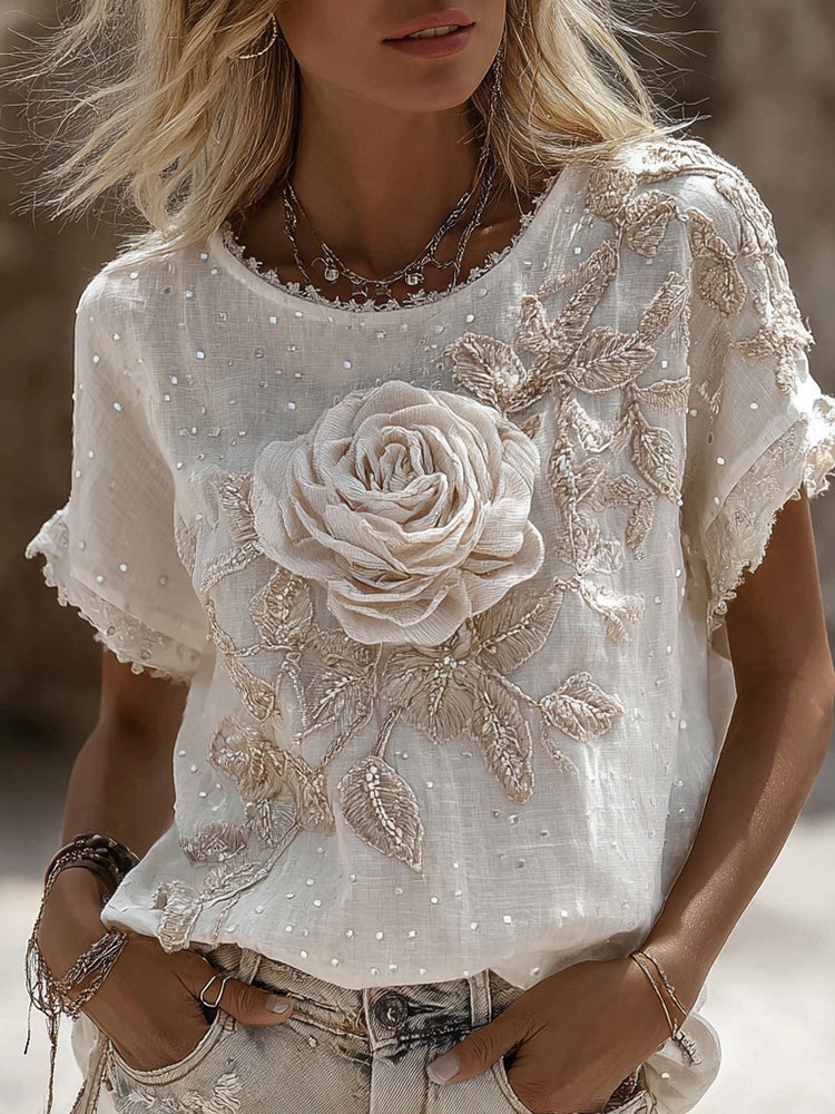 Women's Vintage Rose Embroidery Art Round Neck Linen Blend T-shirt