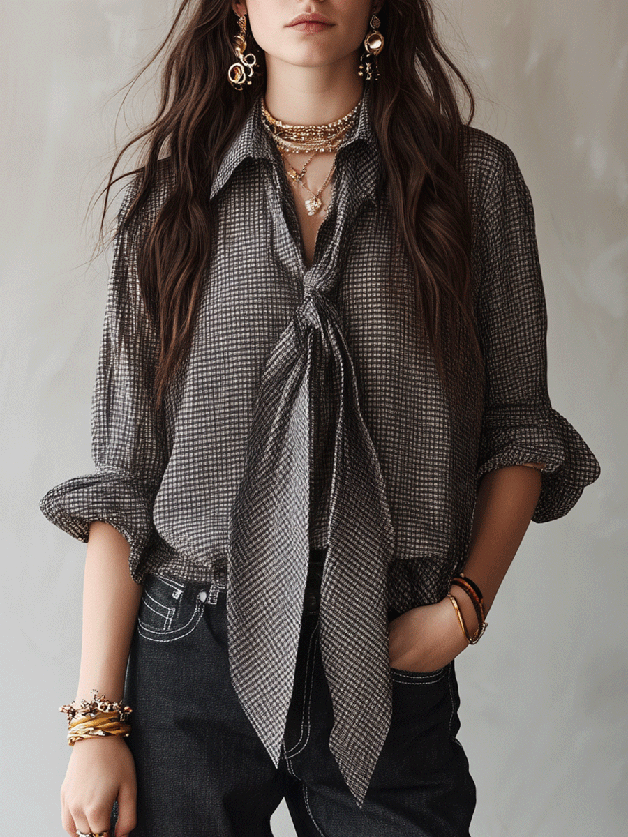 Effortless Chic Chiffon Micro-Check Tie-Front Black & White Blouse