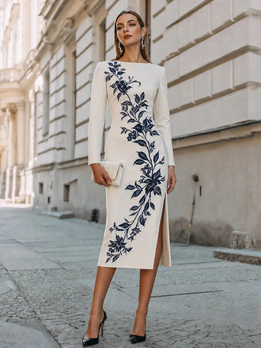 Botanical Print Long Sleeve Sheath Midi Dress