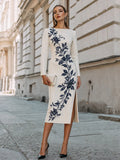 Botanical Print Long Sleeve Sheath Midi Dress