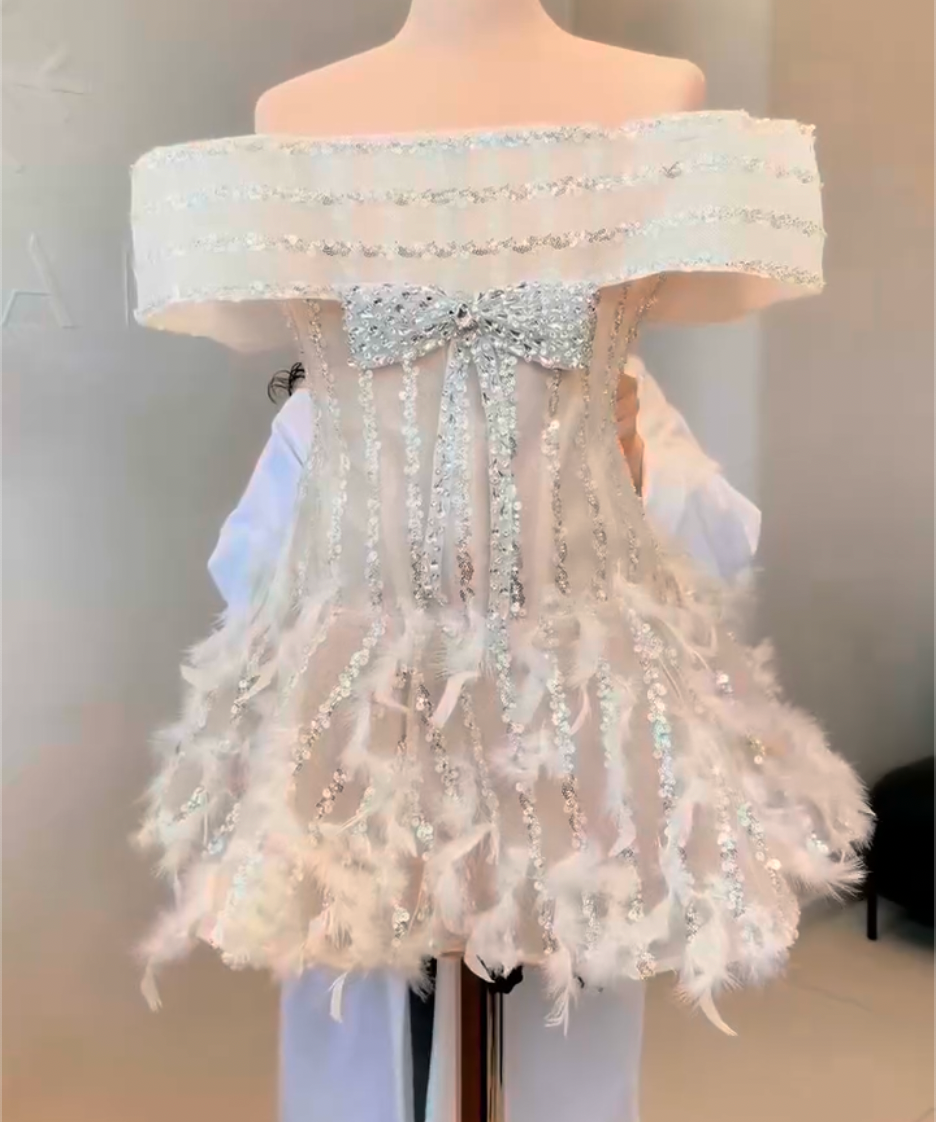 Off Shoulder Sequin Bow Feather Mini Cocktail Dress, White Striped Beaded Sheer Corset Party Gown