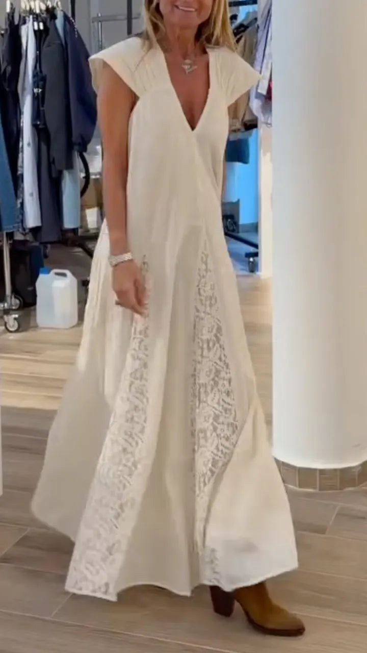 White Lace  V Neck Panel Maxi Dress