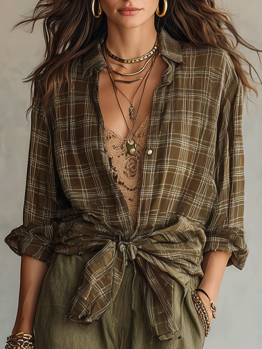 Casual Plaid Shirt And Pure Cotton Trousers Set