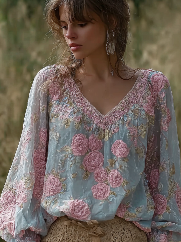 Bohemian Retro Countryside Plant Flower Pattern V-neck Top