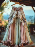 Summer ruffled cotton and linen patchwork contrast color skirt 71ee