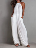 Resort White Pleated Halter Wide-Leg One-Piece Jumpsuit
