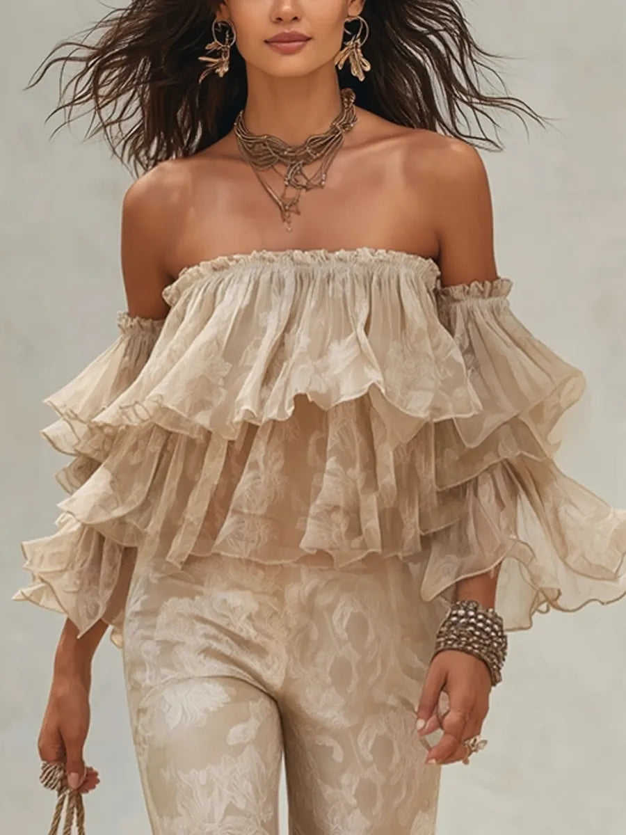 Romantic Bohemian Nude Ruffled Off-Shoulder Top Set