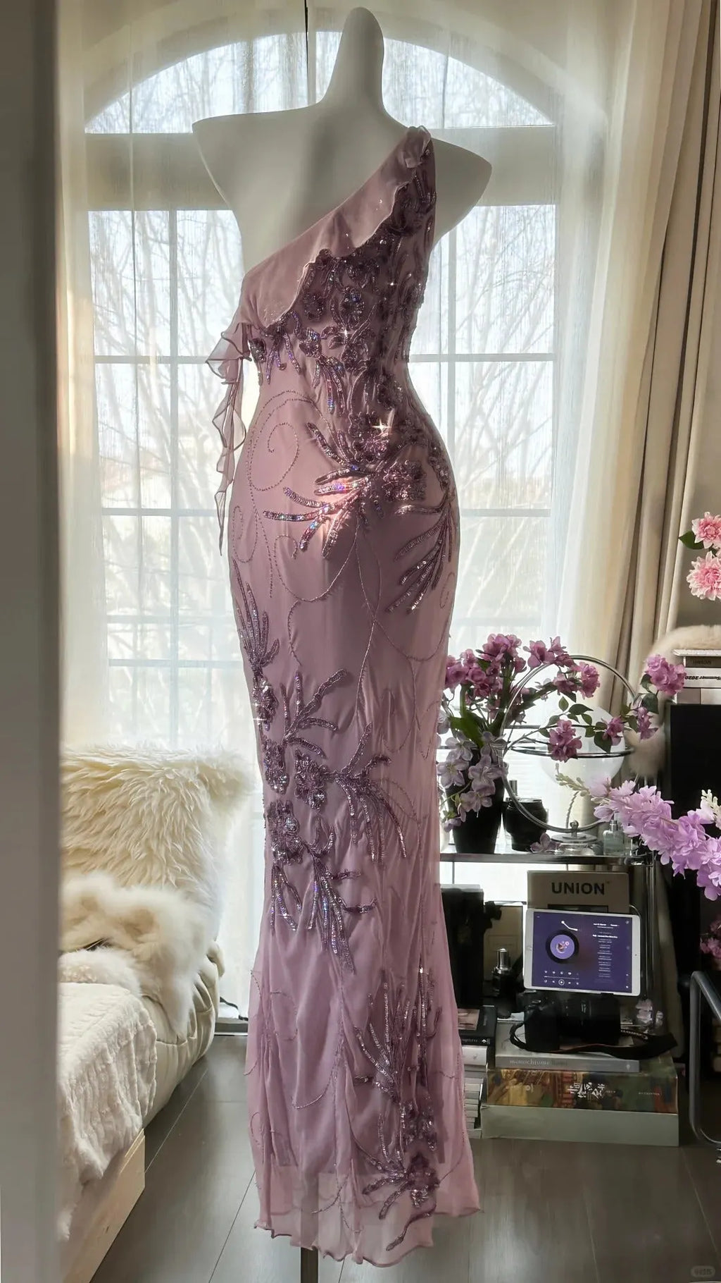 Pink Purple Romantic One Shoulder Fashion Elegant Exquisite Floral Beading Long Chiffon Ball Gown Evening Dress Birthday Holiday Party Dress Prom Dress 4012
