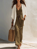 Bohemian Chic Olive Green Ruffled Maxi Dress And White Shirt