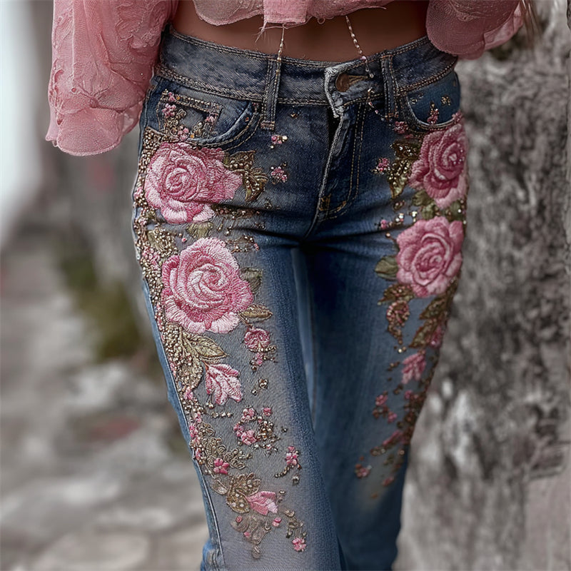 Vintage Pink Roses Glitter Embroidered Washed Skinny Jeans