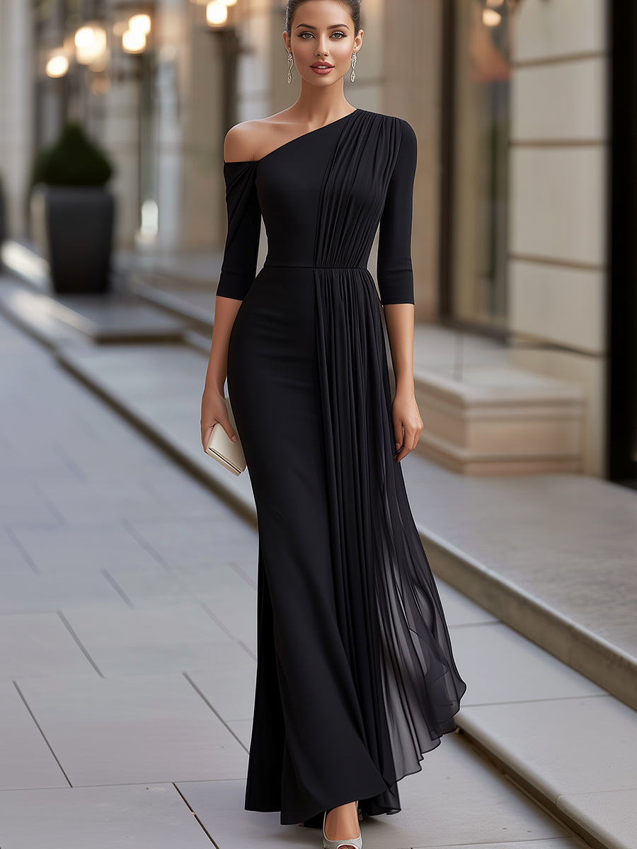 One Shoulder Draped Skirt Pleated Maxi Dress