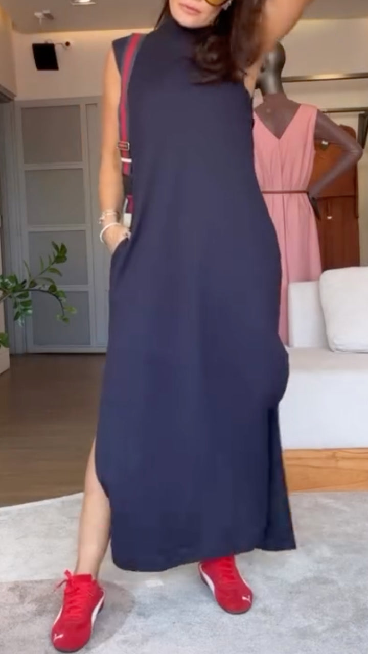 Navy High‑Neck Sleeveless Slit Midi Dress