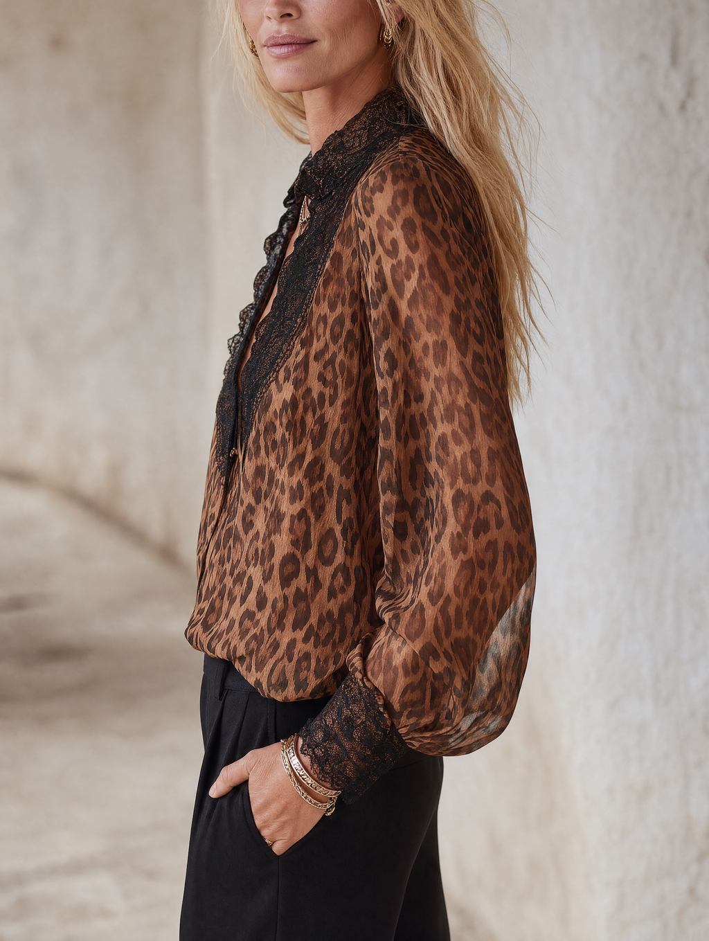 Boho Luxe Leopard Lace Trim Chiffon Blouse Top