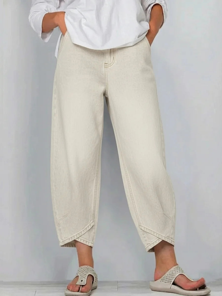 Women's Washed High-Waisted Cropped Lantern Jeans