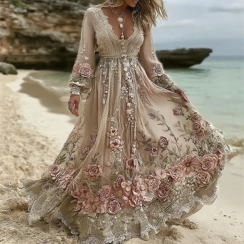 Women's Pink Rose Embroidered Casual And Elegant V-neck Dress