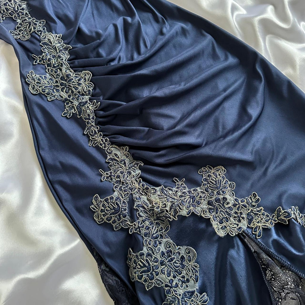 Blue gorgeous exquisite applique lace spaetti straps long satin prom dress evening dress party dress