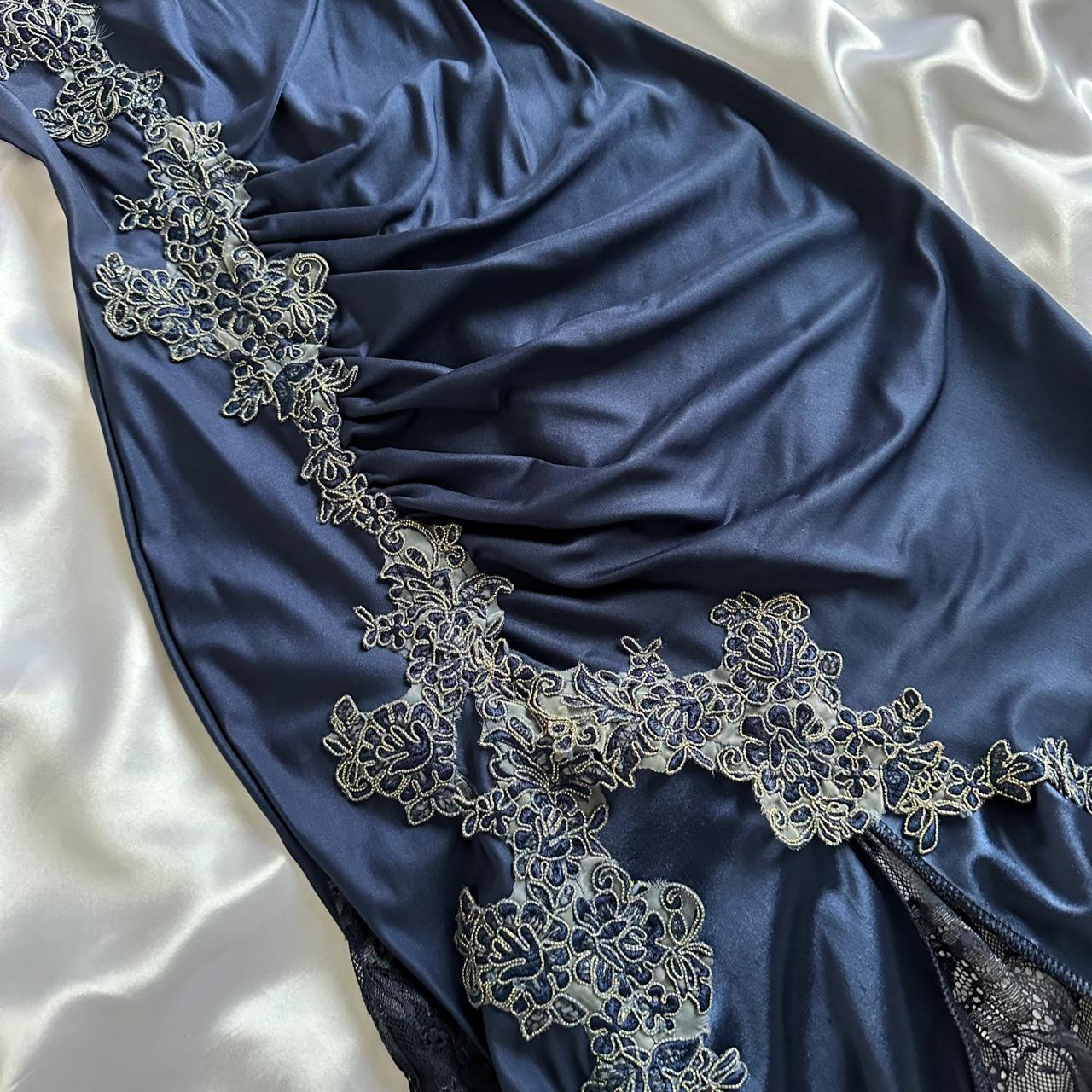Blue gorgeous exquisite applique lace spaetti straps long satin prom dress evening dress party dress