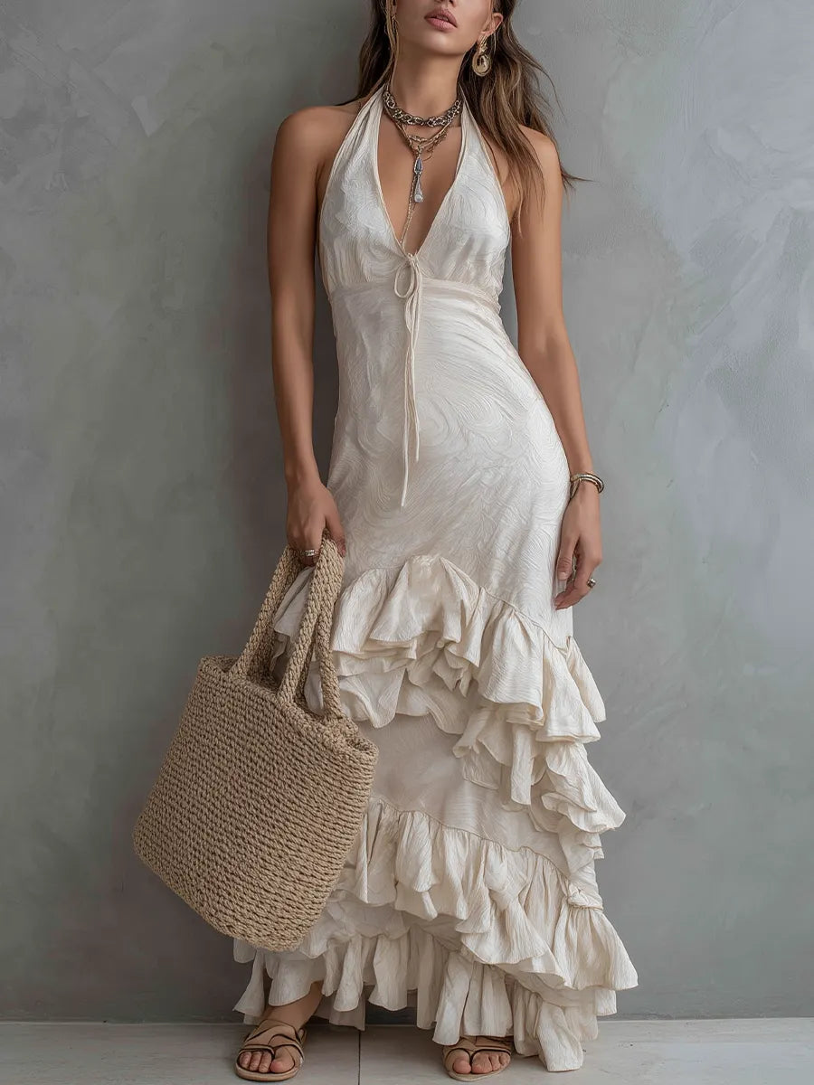 Elegant Textured Halter Neck Ruffle Hem Maxi Dress