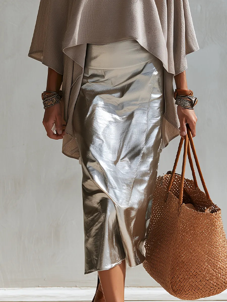 Sophisticated Taupe Draped Cape Top & Skirt Set
