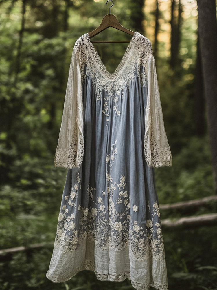 Vintage Floral Embroidered Pattern Linen Contrast Color Maxi Dress