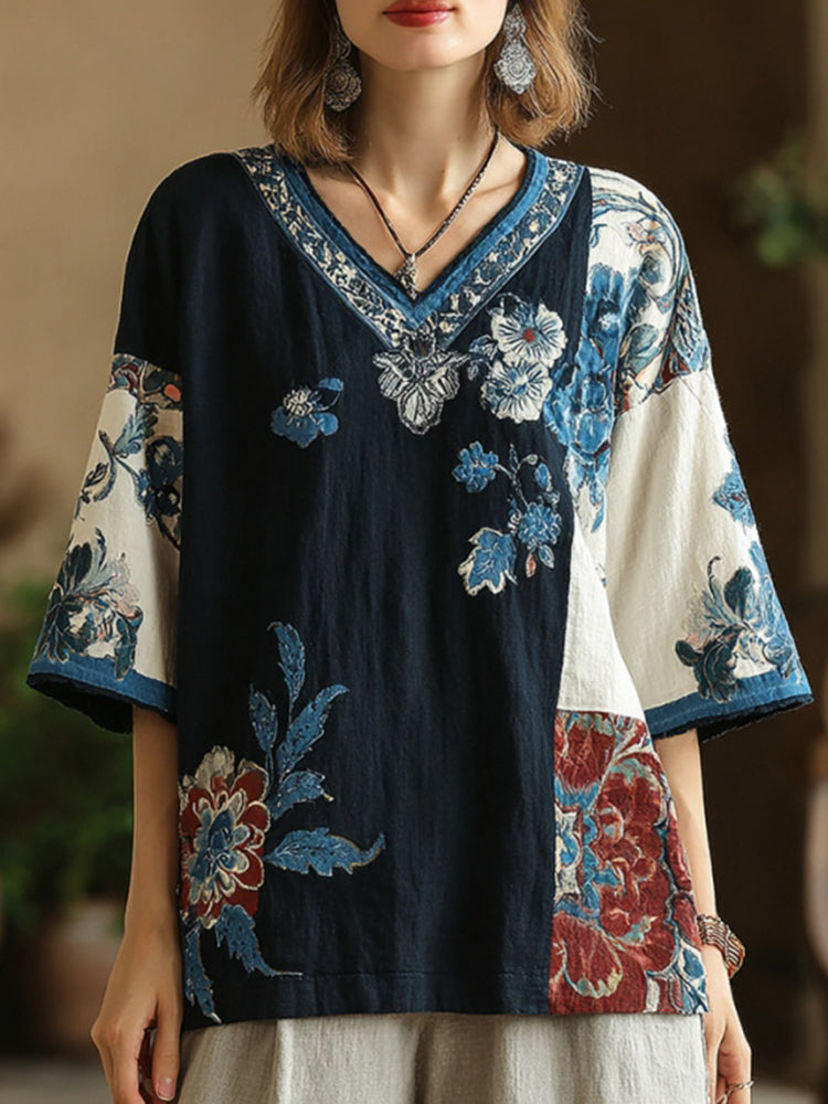 Women's Floral Pattern Color Block Linen V-neck T-shirt