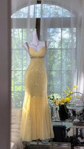 Lit Yellow Gorgeous Shiny Fashion Elegant Exquisite Beaded Long Tulle Backless Fairy Ball Gown Evening Dress Birthday/Wedding Guest/Holiday Party Dress Prom Dress Valentine's Day Date Dress