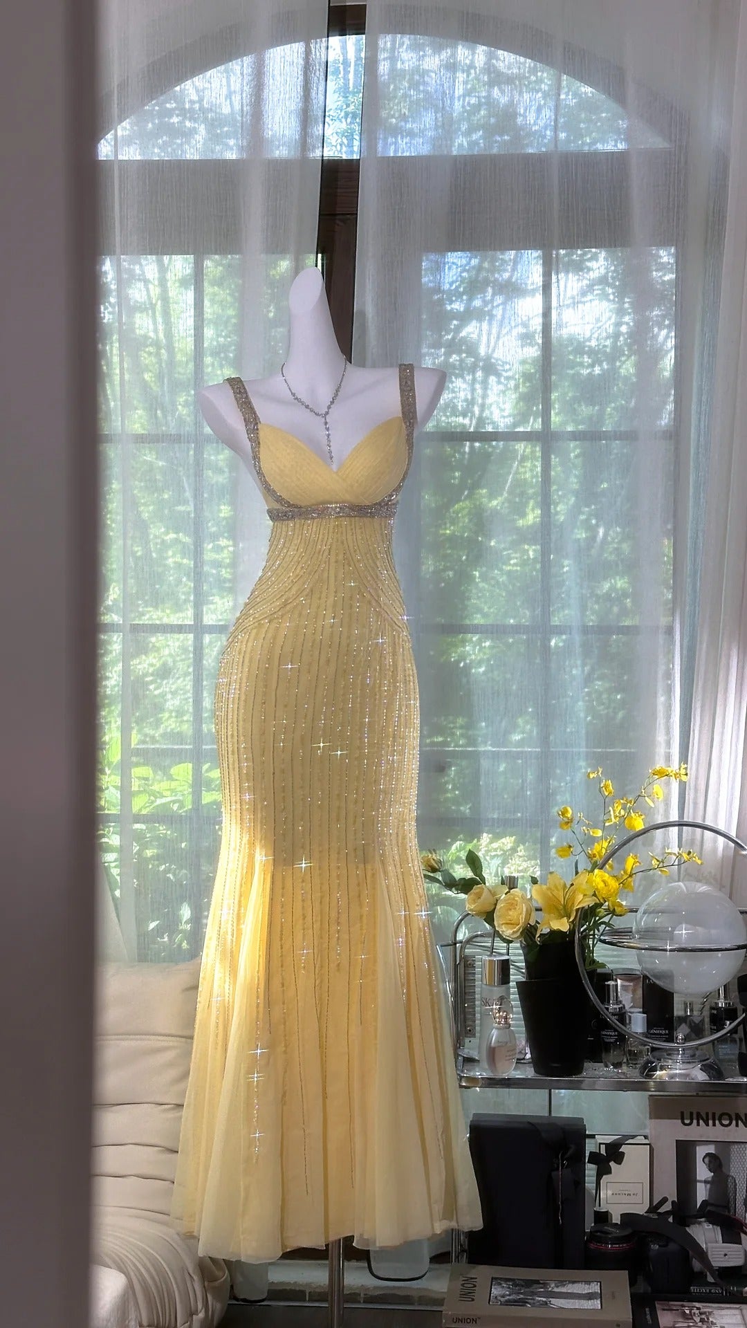 Lit Yellow Gorgeous Shiny Fashion Elegant Exquisite Beaded Long Tulle Backless Fairy Ball Gown Evening Dress Birthday/Wedding Guest/Holiday Party Dress Prom Dress Valentine's Day Date Dress
