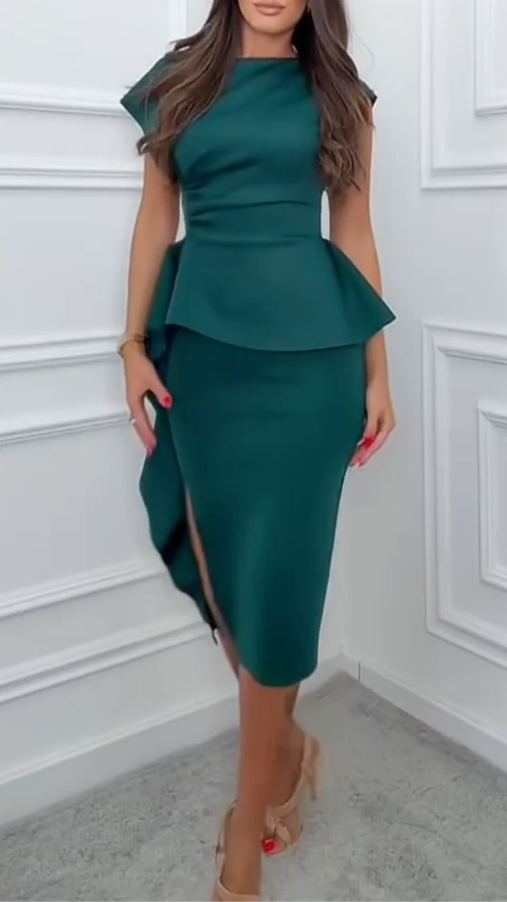 Women's Round-Neck Ruched Ruffle Slit Bodycon Dress