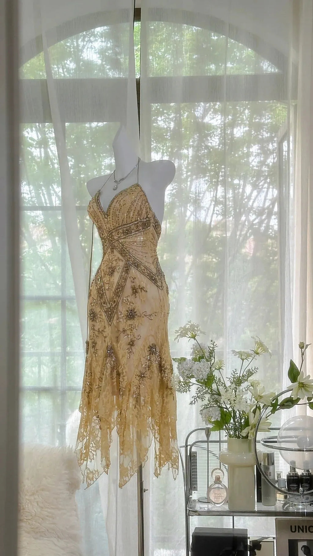 Lit yellow brown gorgeous and elegant vintage exquisite beaded long chiffon lace ball dress evening dress birthday party dress prom dress 3950