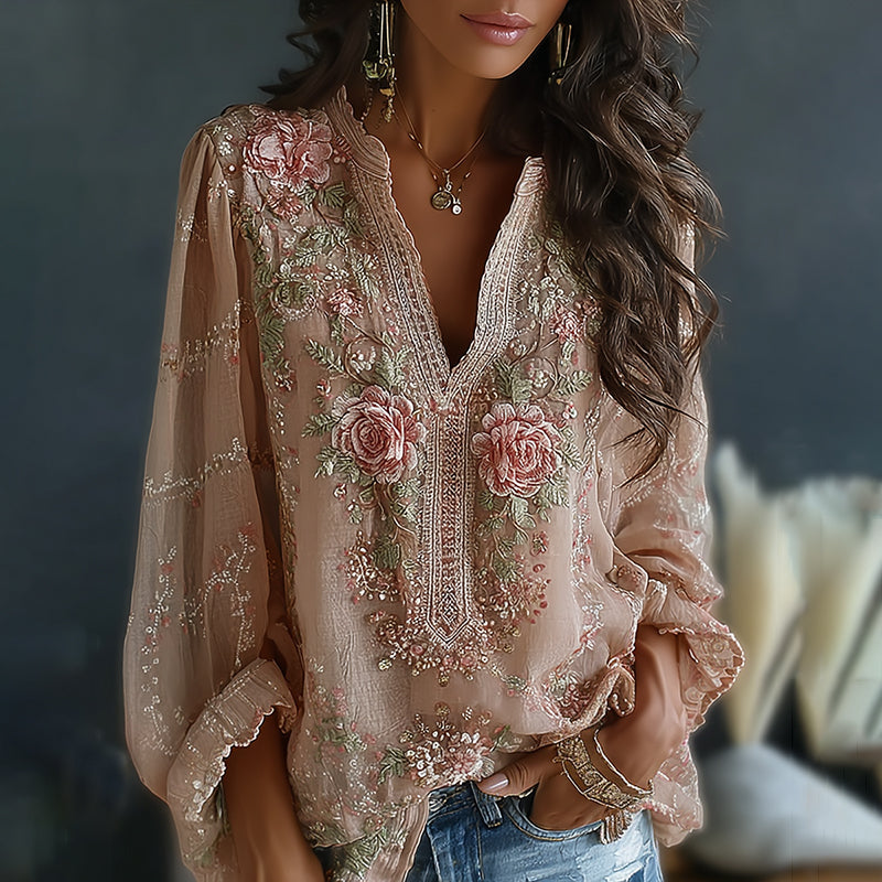 Women's Vintage Spring Floral Embroidered Art Print Flowy Linen Blend Casual Tops