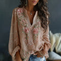 Women's Vintage Spring Floral Embroidered Art Print Flowy Linen Blend Casual Tops