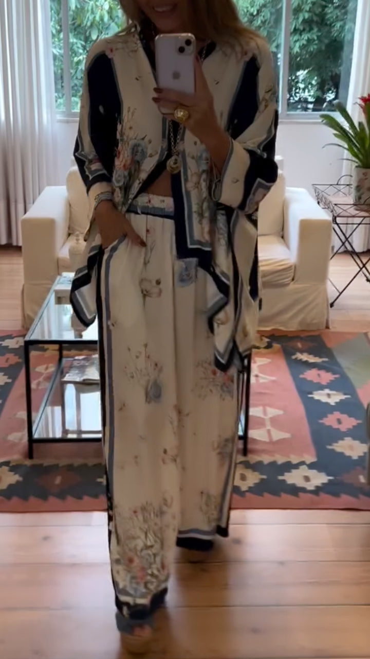 Vintage Floral Scarf Printed Kimono Cover Up Wide Leg Pants Set