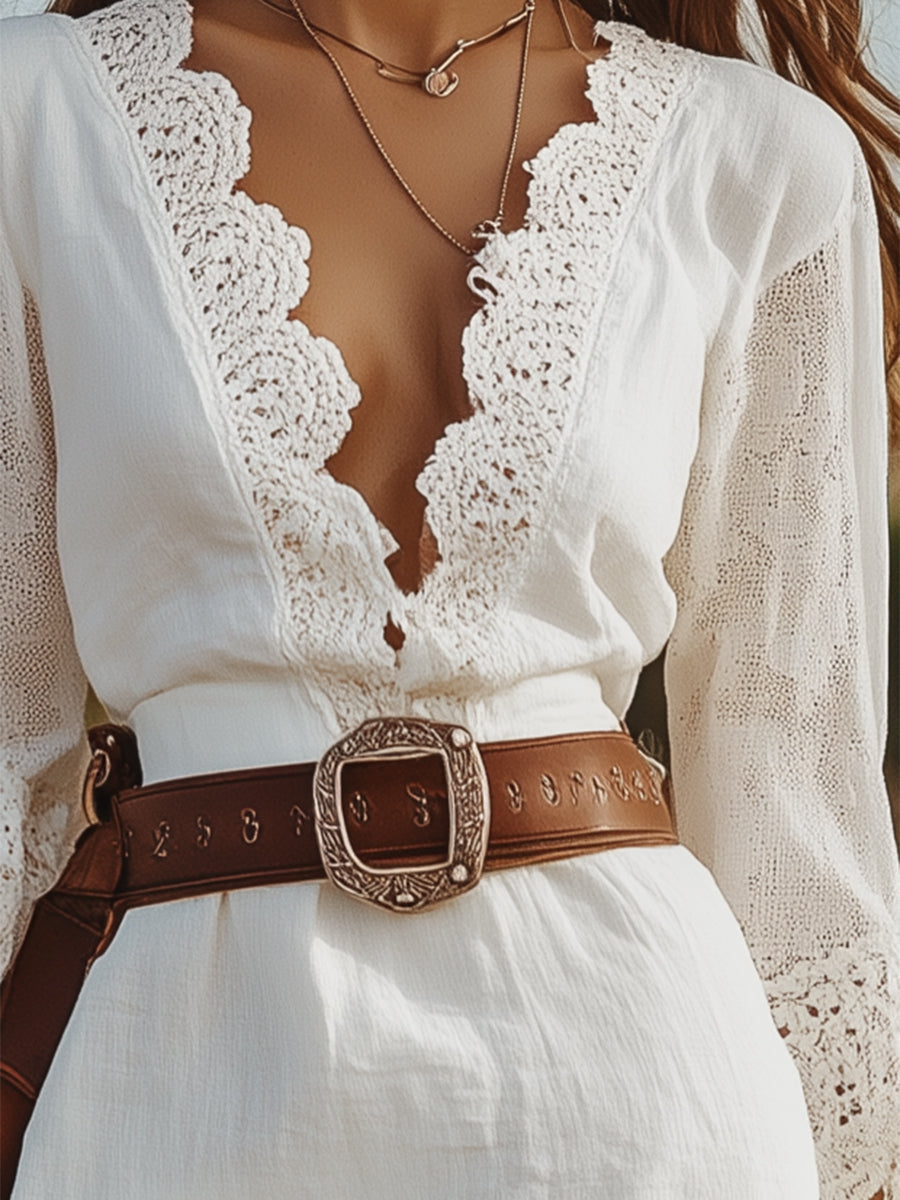 [24-hour shipping out]Women's White Linen V-neck Lace Hem Stitching Lace Mid-length Sleeve Dress
