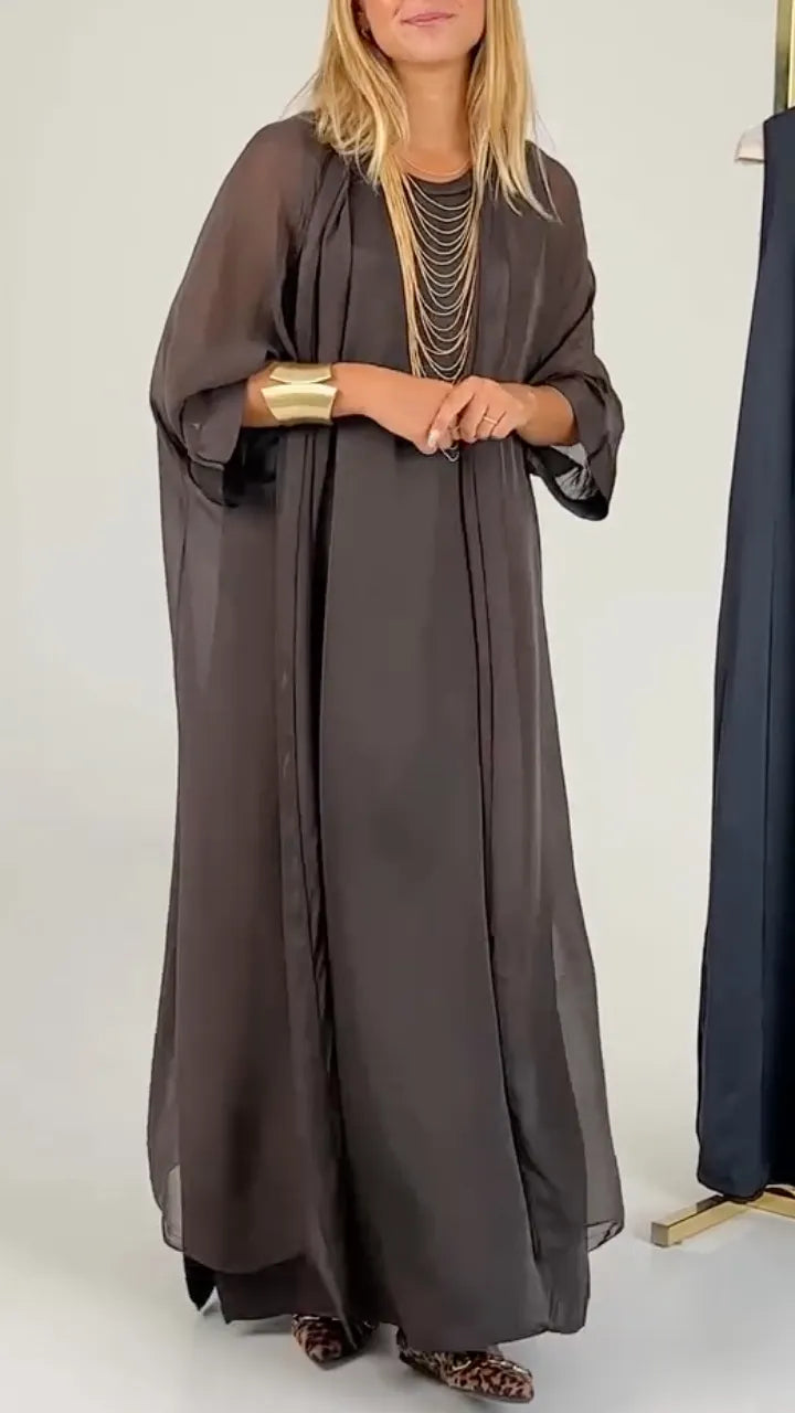 Sheer Chiffon Loose Maxi Robe And Satin Round Neck Long Dress Elegant Two Piece Set
