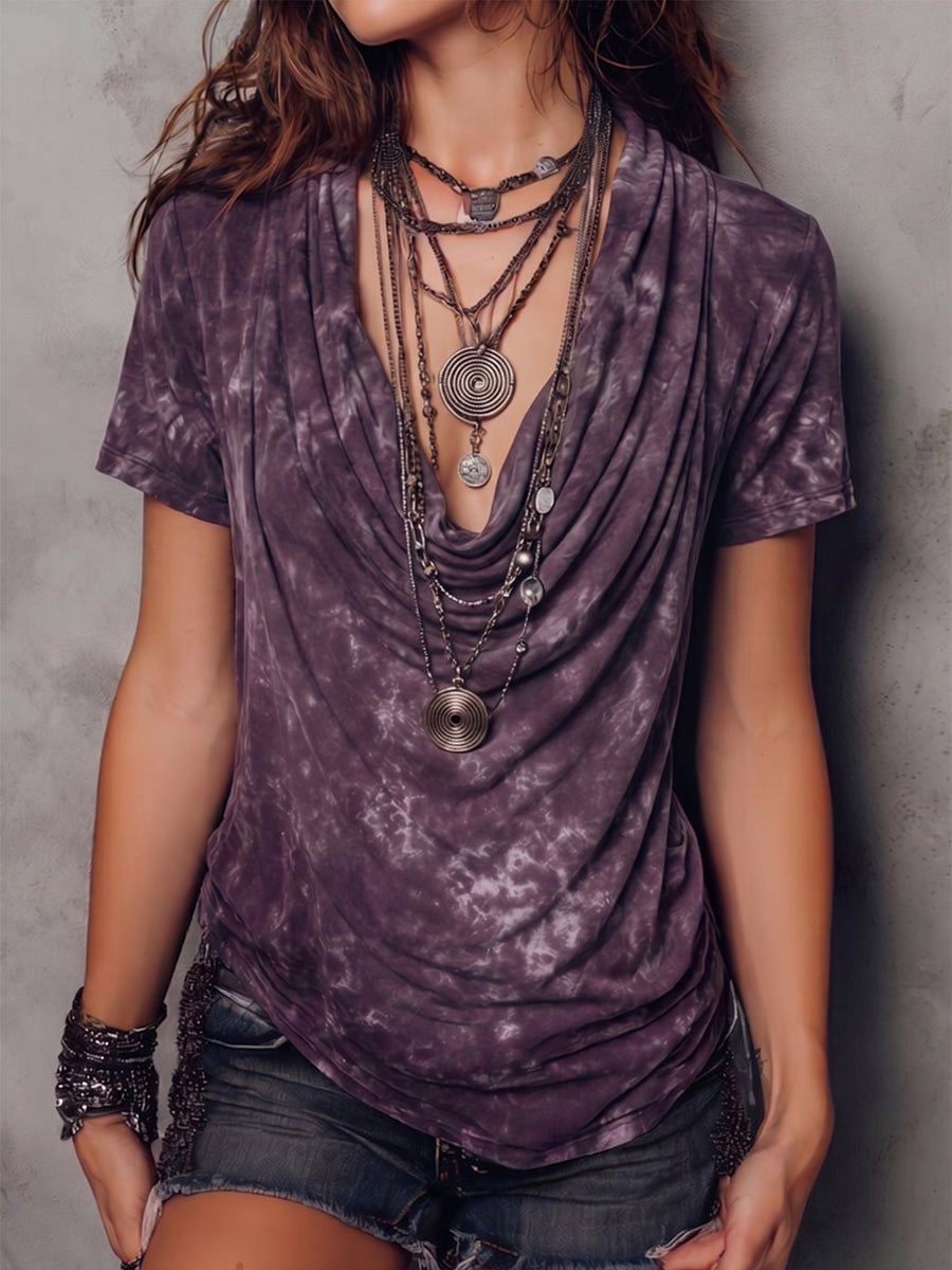 Boho Sexy Tie-dye Cowl-neck Cotton Shirt