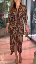 Brown V Neck Geometric Print Midi Dress