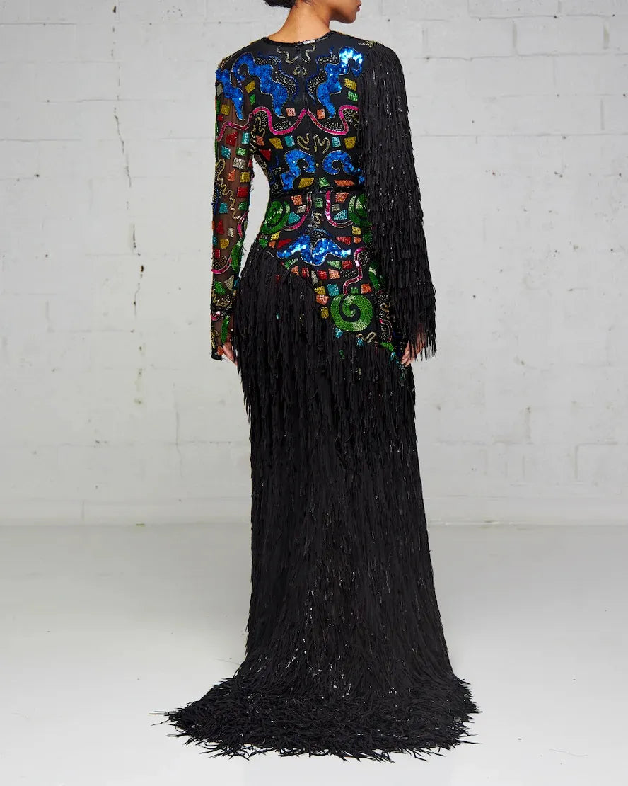 Beaded and Fringe Multi-Colored Slit Dress