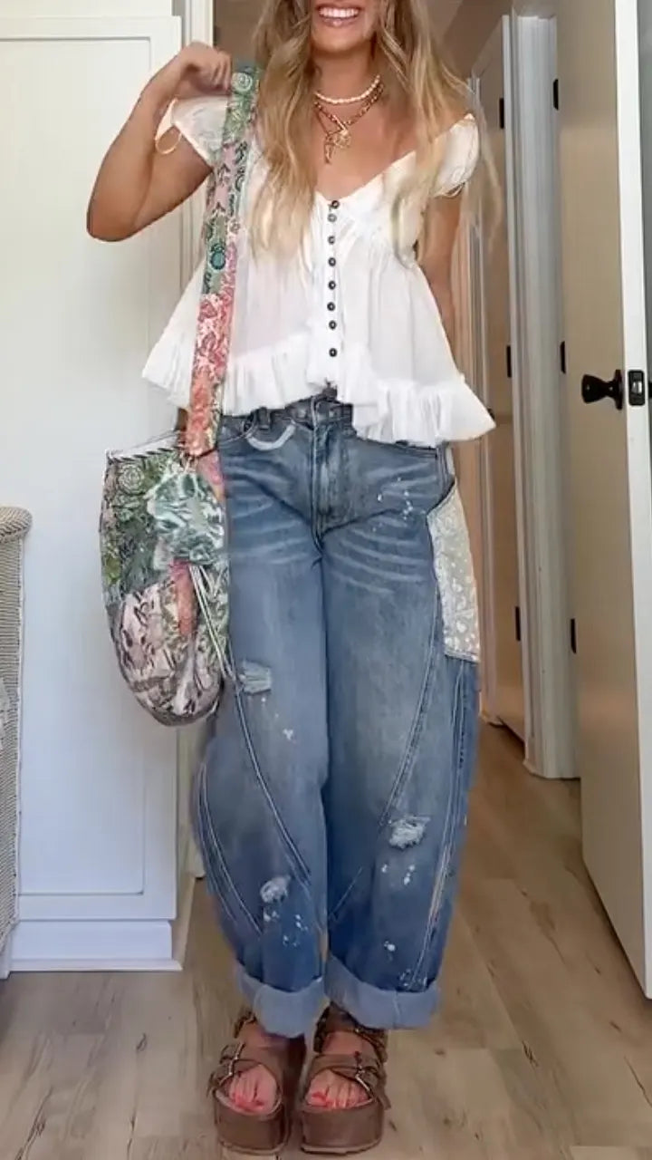 Short‑Sleeve Top & Distressed Patchwork Denim Jeans Co‑Ord Set