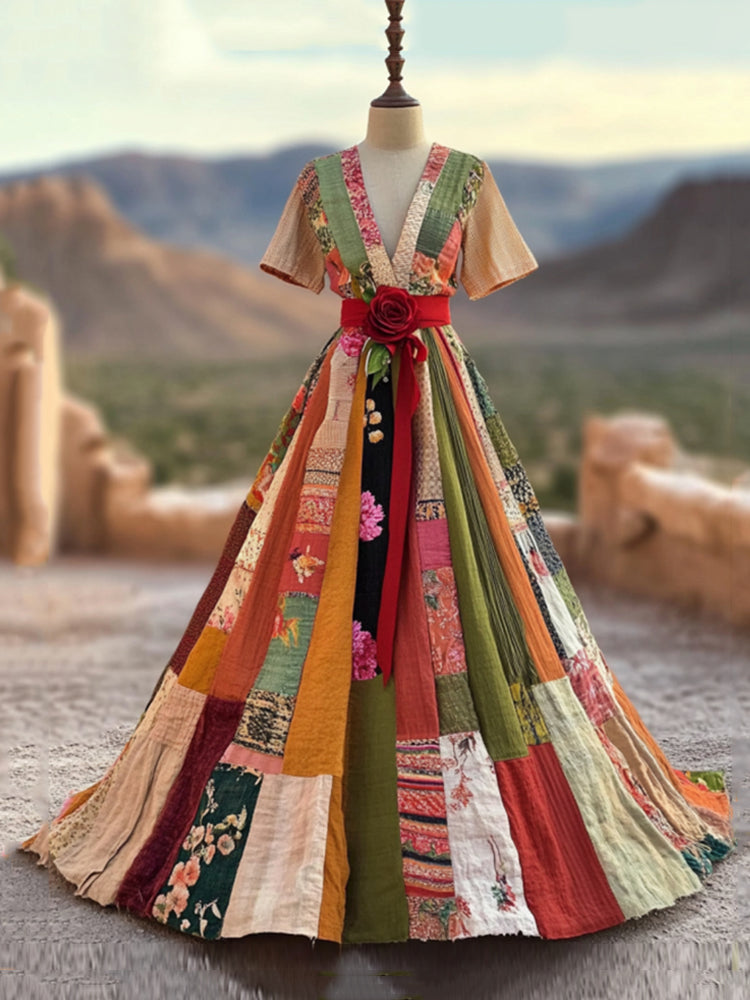 Women's Vintage Floral Color Block Short Sleeve Maxi Dress