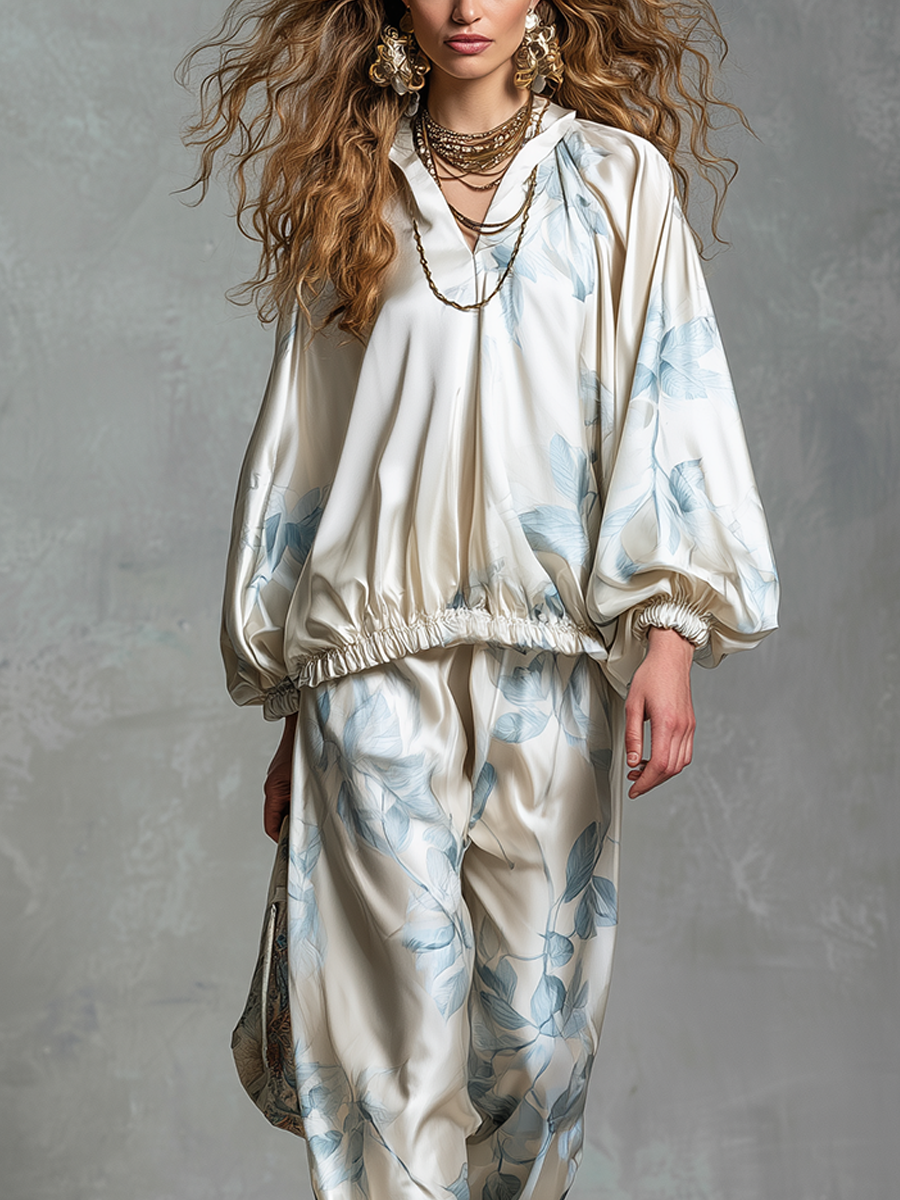 Bohemian Blue Printed Satin Suit