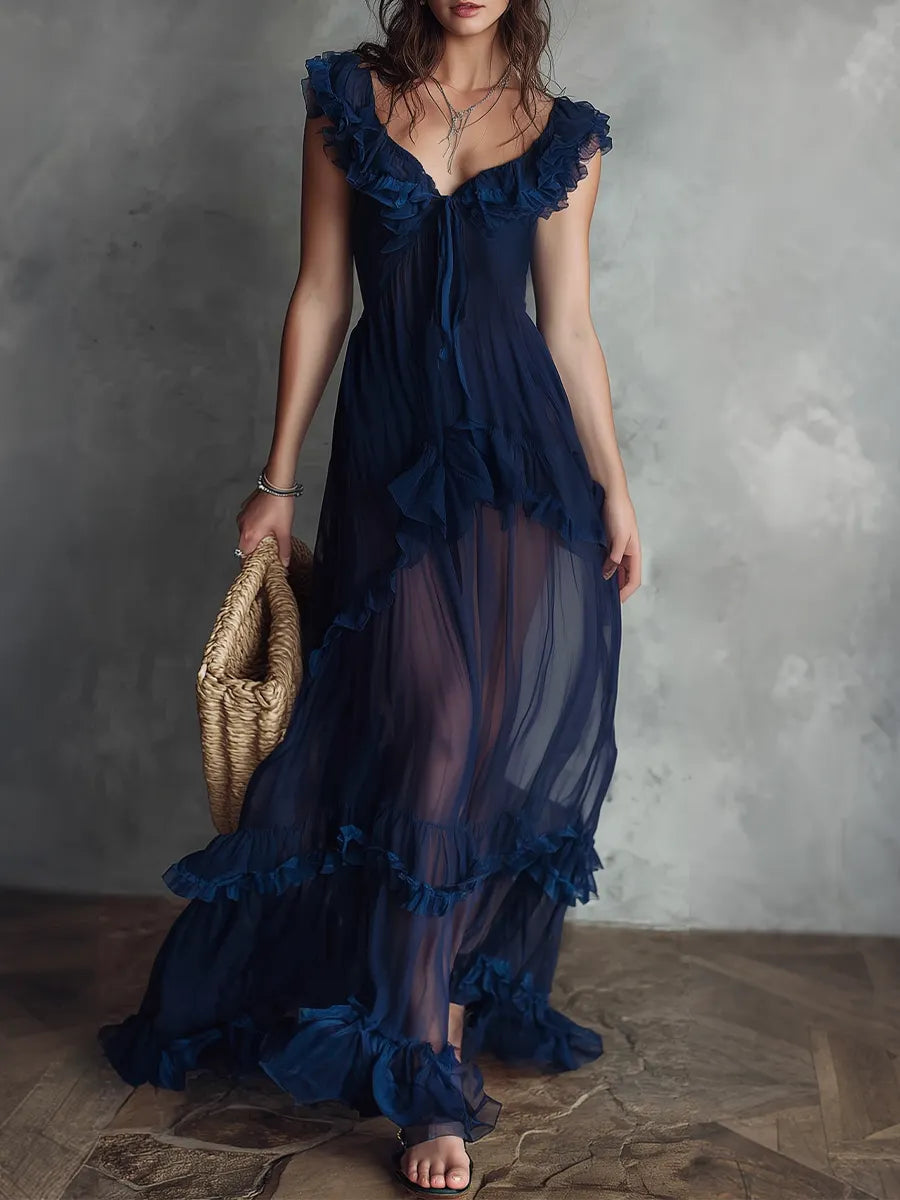Elegant Sheer Ruffle Trim Maxi Dress