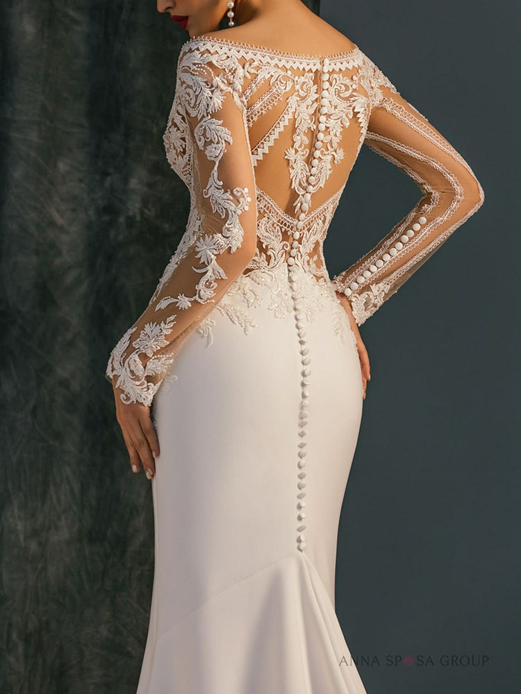 Elegant V-Neck Embroidered See-Through White Mermaid Wedding Maxi Dress
