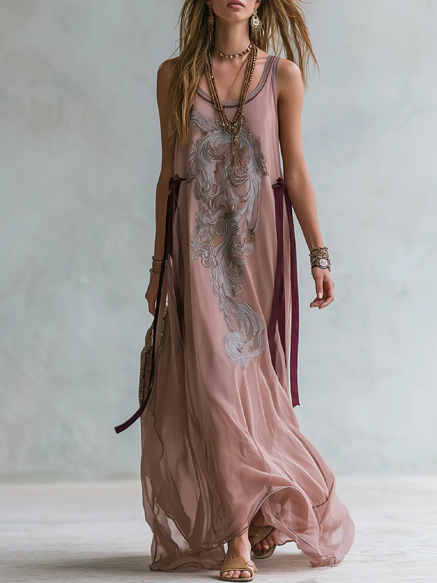 Bohemian Raspberry Pink Ribbon Chiffon Maxi Dress