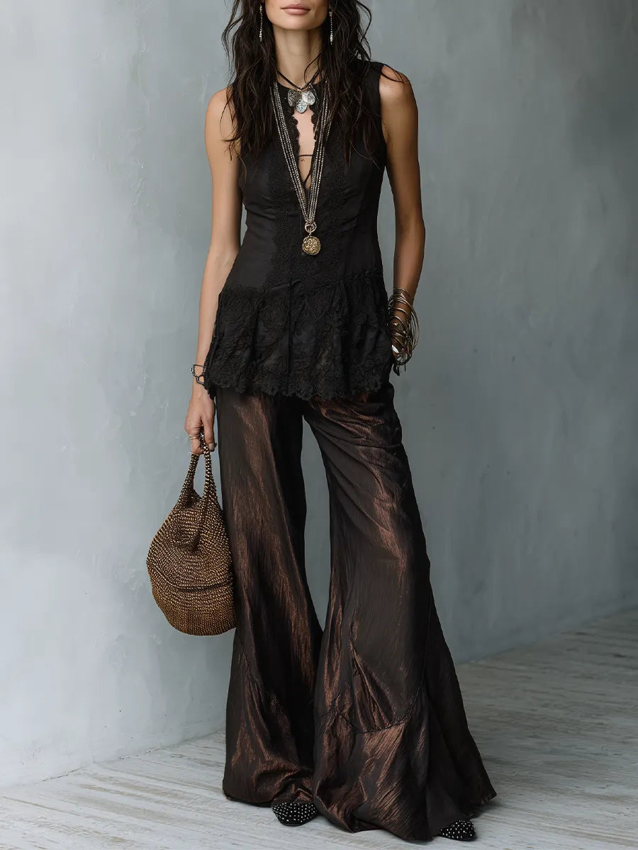 Slimming Deep V Lace Top & Metallic Wide Leg Pants Two-Piece Set