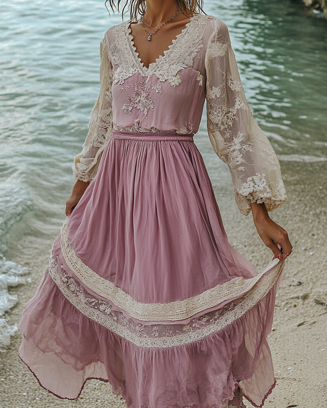 Summer vacation stitching lace dress 2361