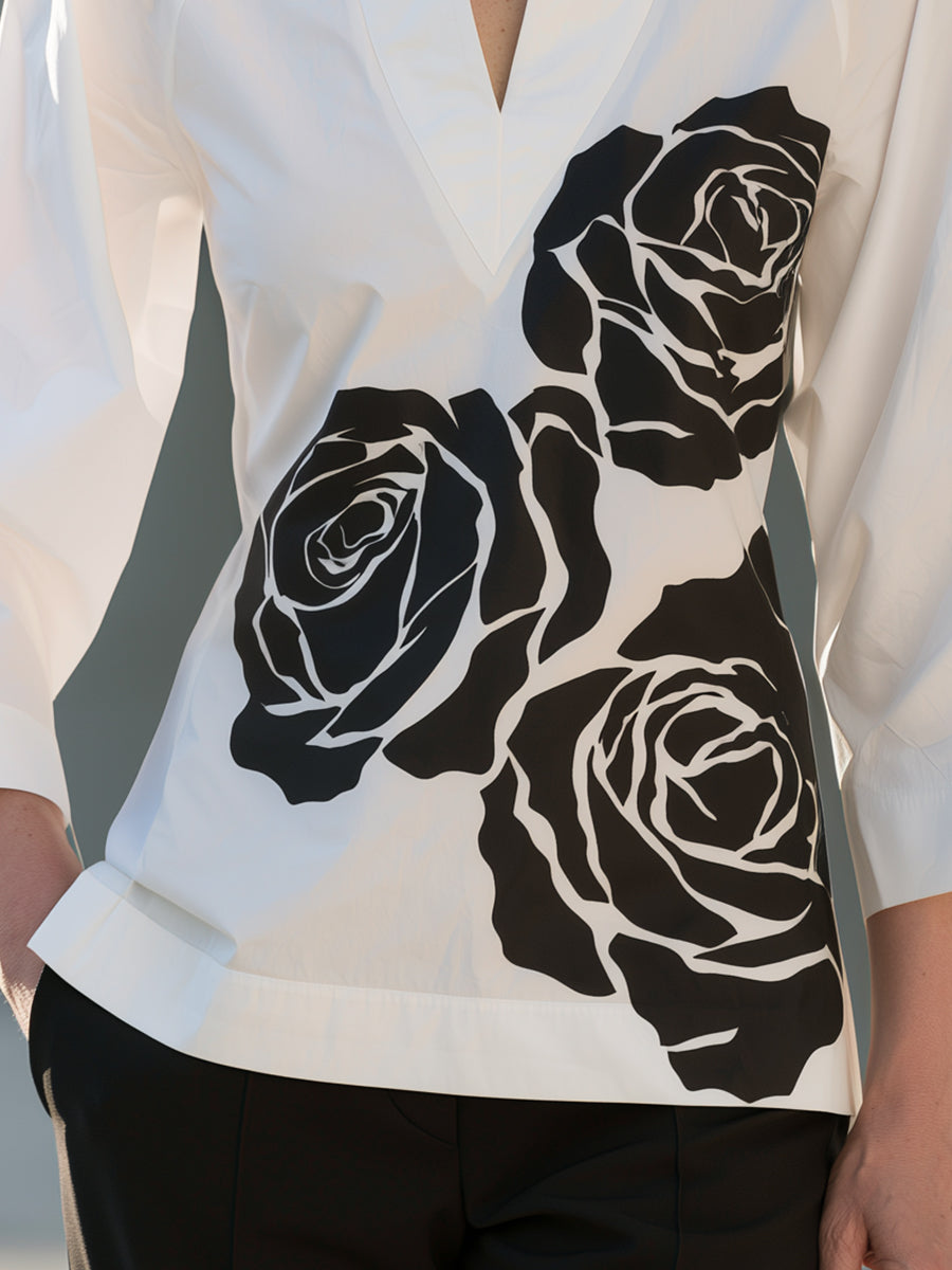 Rose Floral Print V-Neck Blouse