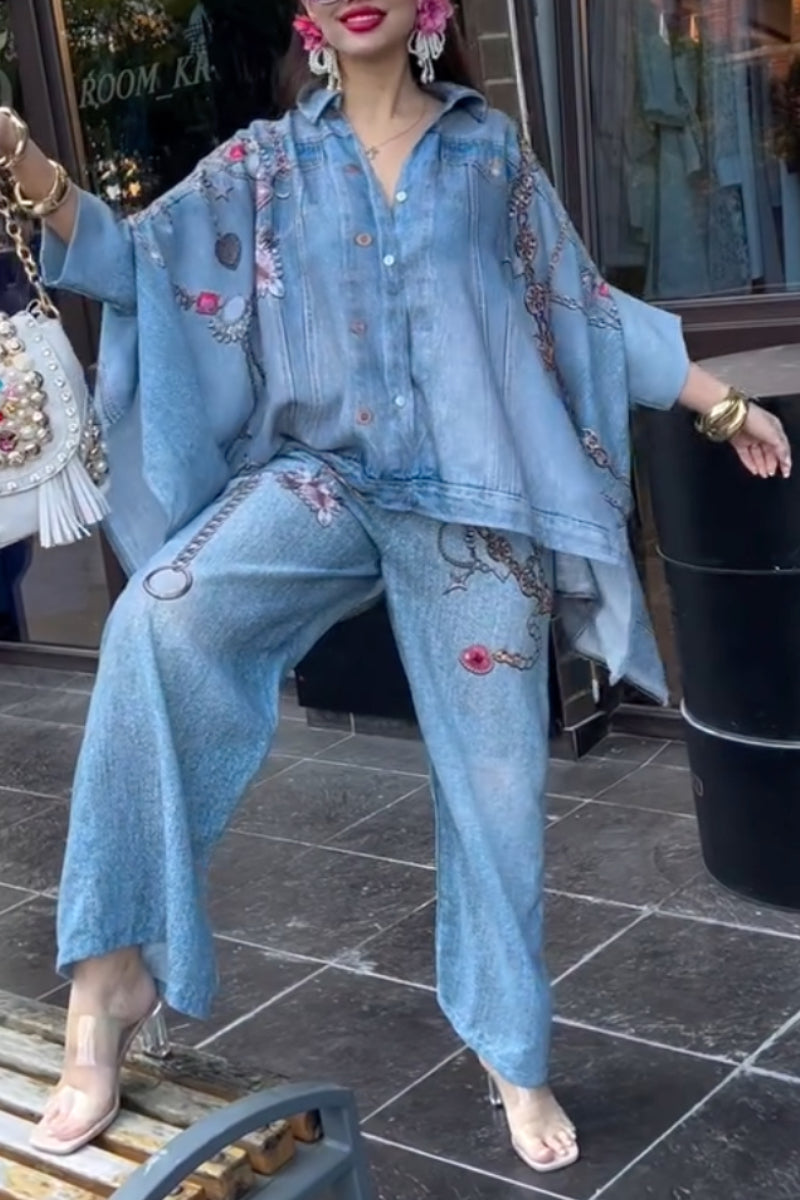 Vintage Washed Denim Printed Two Piece Set