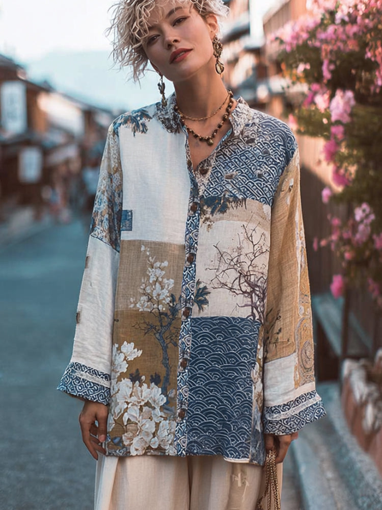 Women's Japanese Traditional Embroidery Floral Patchwork Art Printed Linen Long Sleeve Shirt